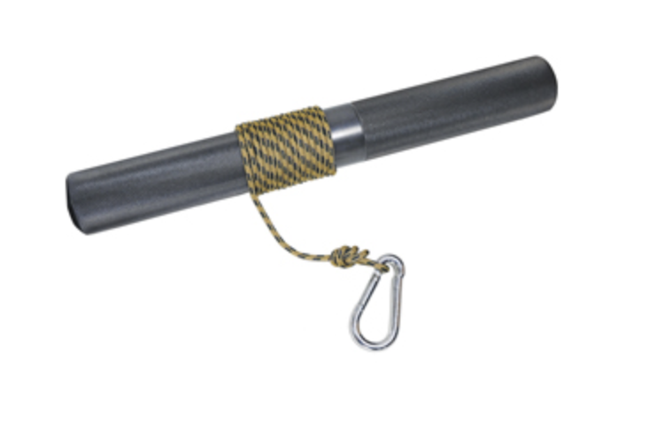 A wrist roller with a knurled steel rod and a yellow and black rope attached to it for resistance training.