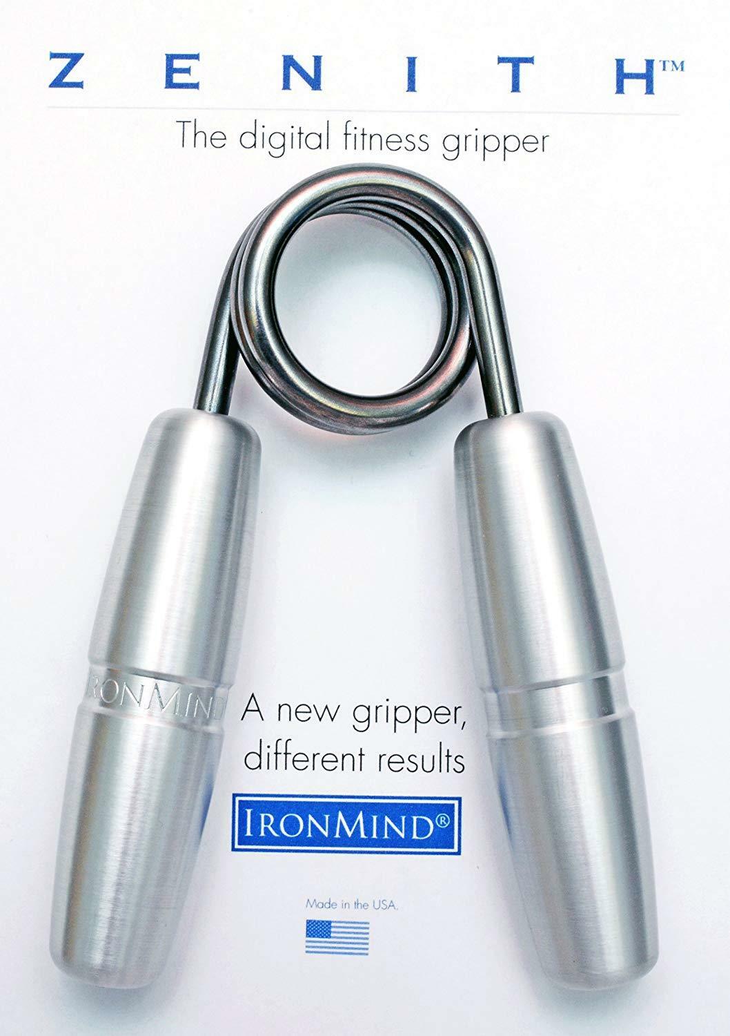A pair of IronMind Zenith Digital Fitness Hand Grippers with ergonomically-shaped billet aluminum handles and a steel spring.