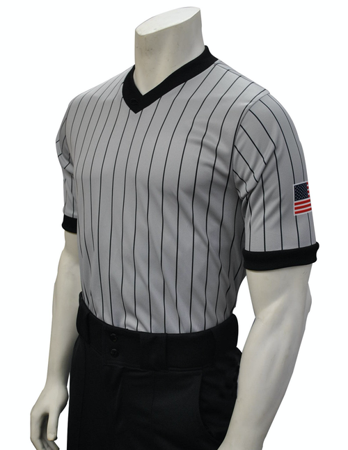 Smitty | USA-205-607 | "BODY FLEX" Referee Shirt w/ Sublimated Flag | Grey w/ Black Stripes | Made in USA - Great Call Athletics